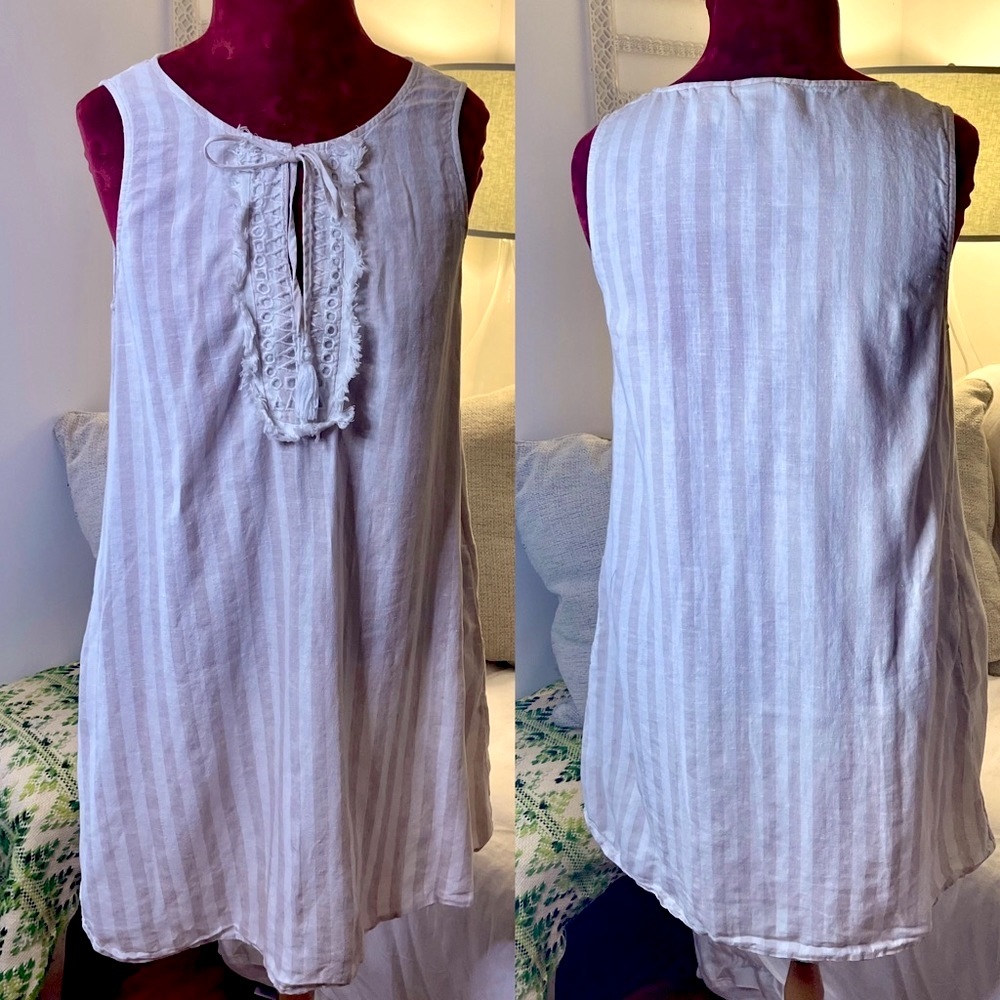 Vintage Linen Dress Beach Cover up by St. Tropez West cream tan striped Medium